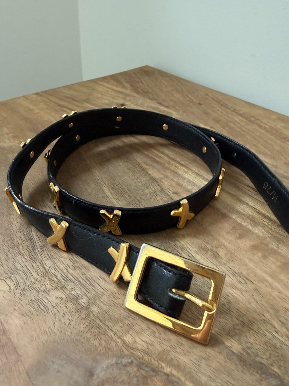 Vintage PALOMA PICASSO Black Leather Belt Gold X Cross Studs Italy M/75